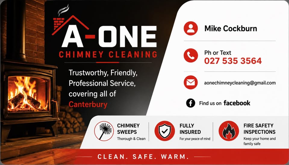 A-One Chimney Cleaning business card - Mike Cockburn Canterbury woodburner with fire
