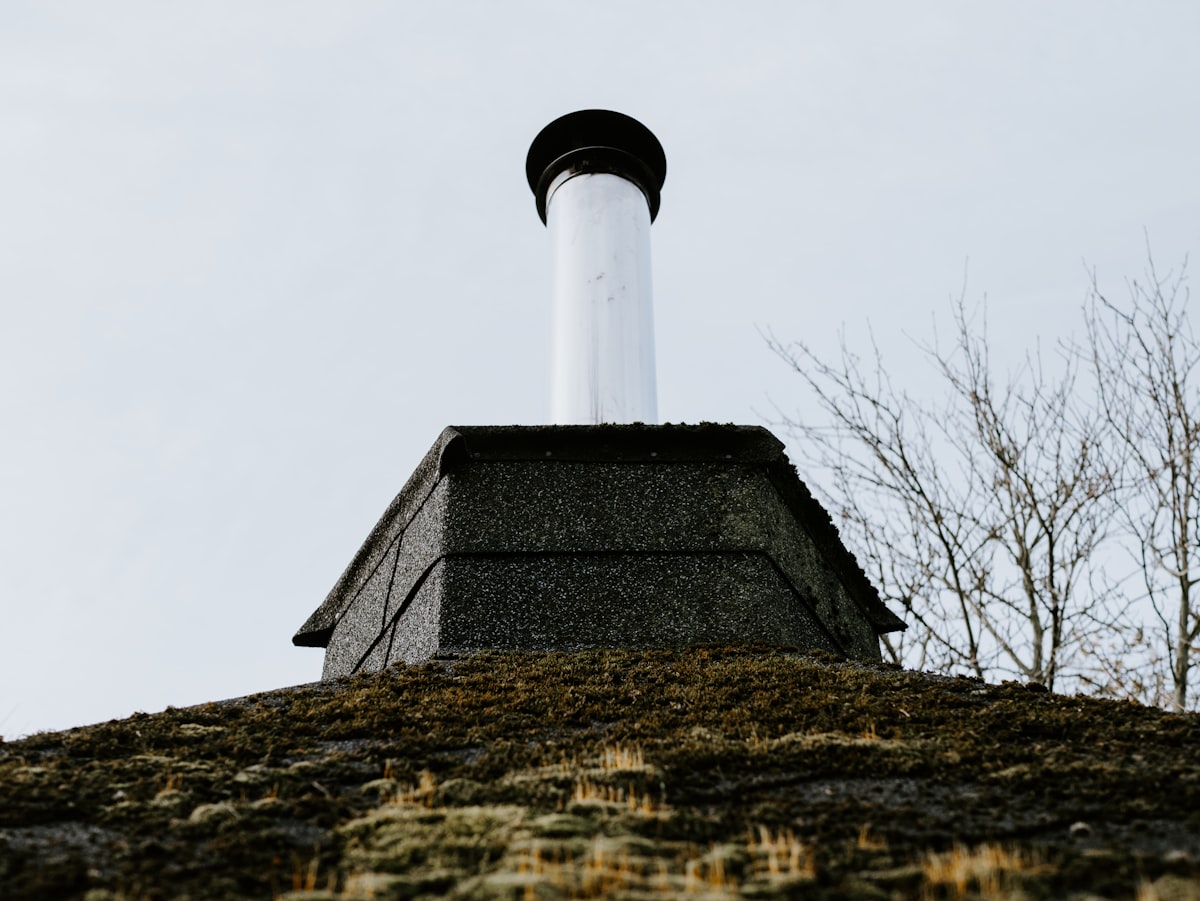 Stainless steel chimney cowl on moss-covered roof - minor chimney repairs